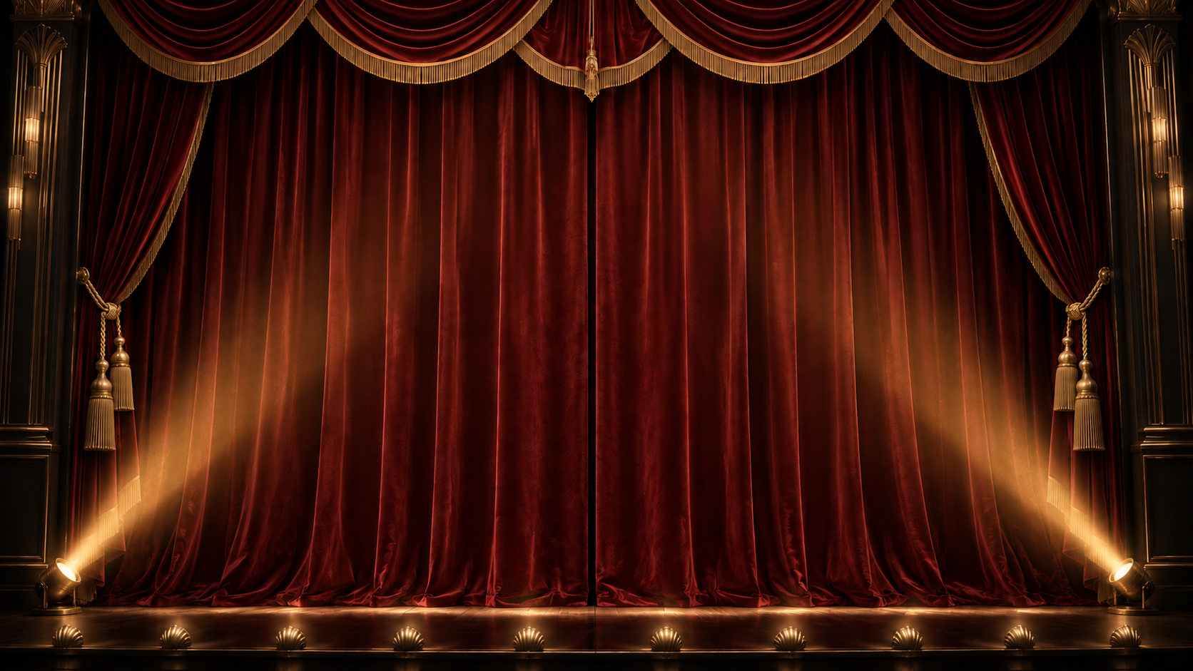 A closed maroon velvet theater curtain with gold ropes